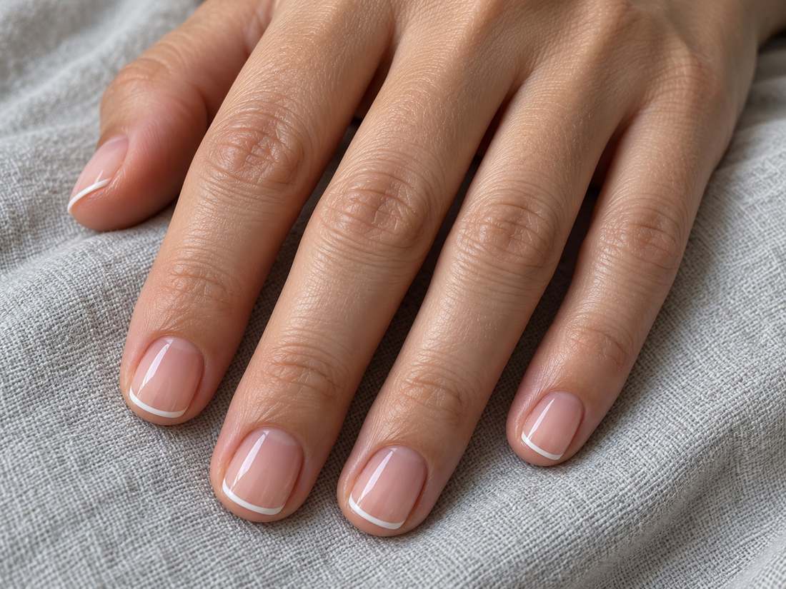Тонкая линия микрофренча на коротких ногтях мягкой квадратной формы.